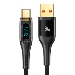 USAMS 66W USB-A naar USB-C kabel 1.2m - Digitaal Display - Zwart
