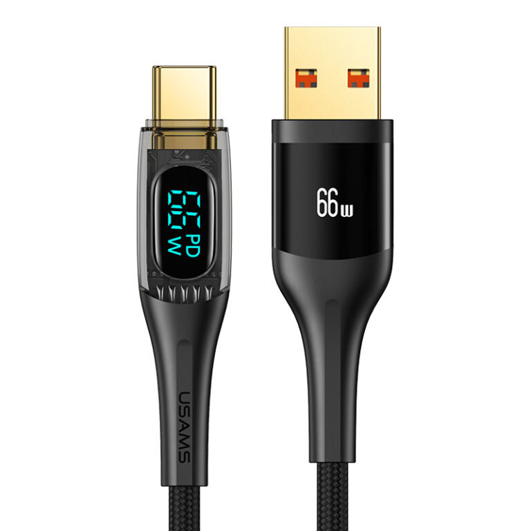 USAMS 66W USB-A naar USB-C kabel 1.2m - Digitaal Display - Zwart