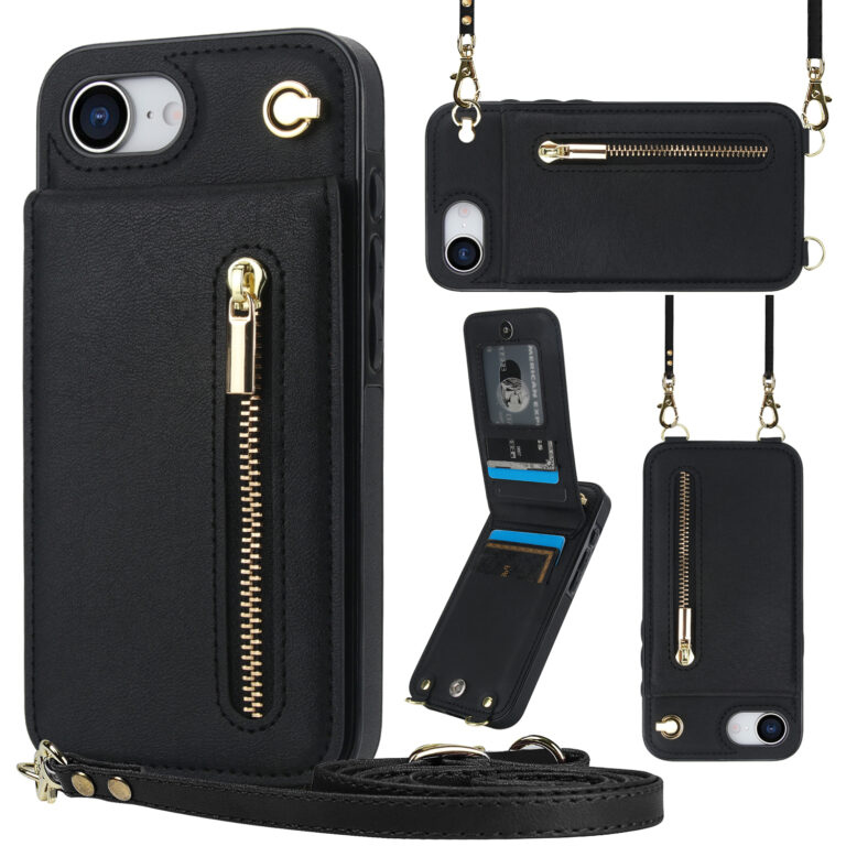 Solidenz Fashion Portemonnee hoesje met koord iPhone 17e / 16e - Zwart
