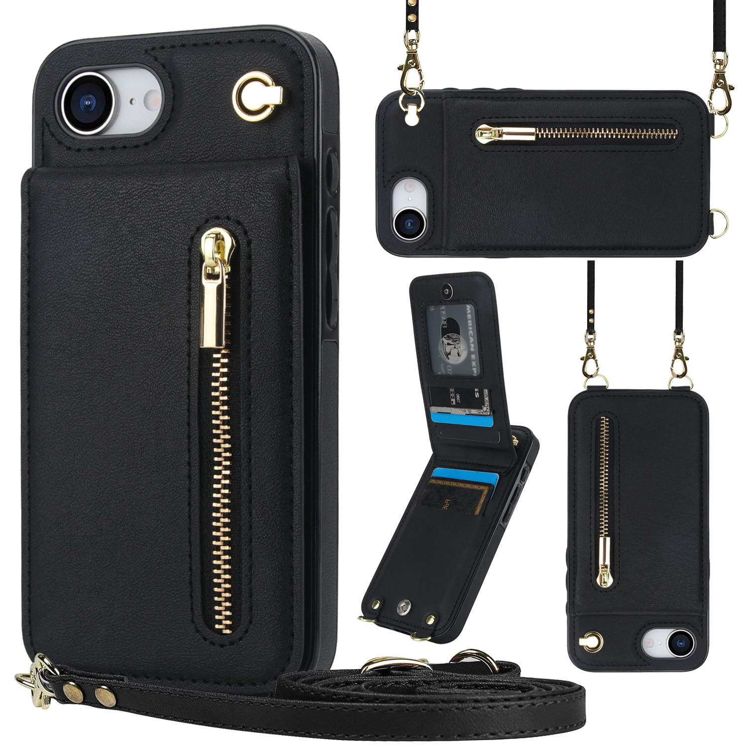 Solidenz Fashion Portemonnee hoesje met koord iPhone 16e – Zwart 1