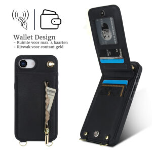 Solidenz Fashion Portemonnee hoesje met koord iPhone 16e – Zwart - 4