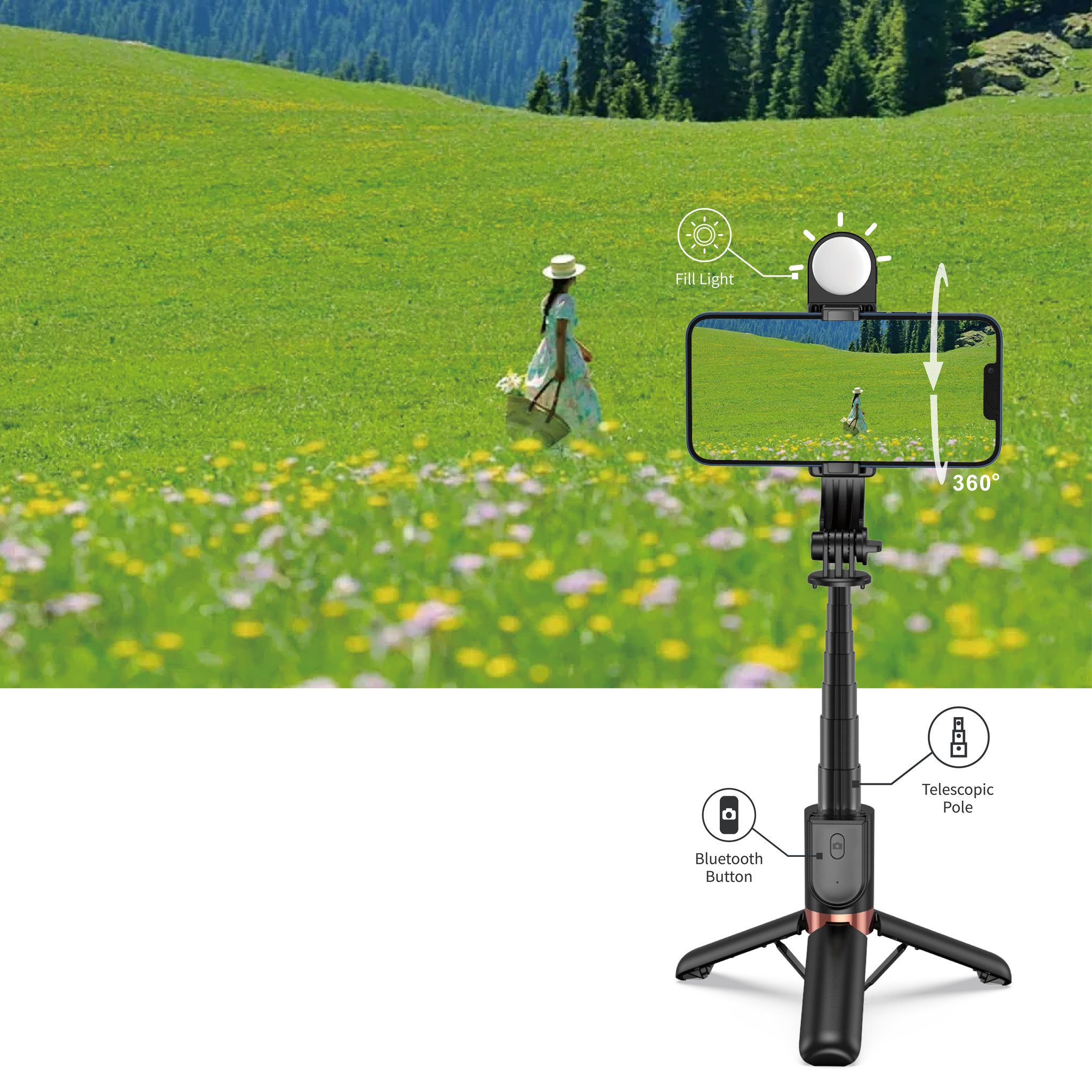 WiWu Mini Selfie stick – Met Bluetooth – Zwart - 6