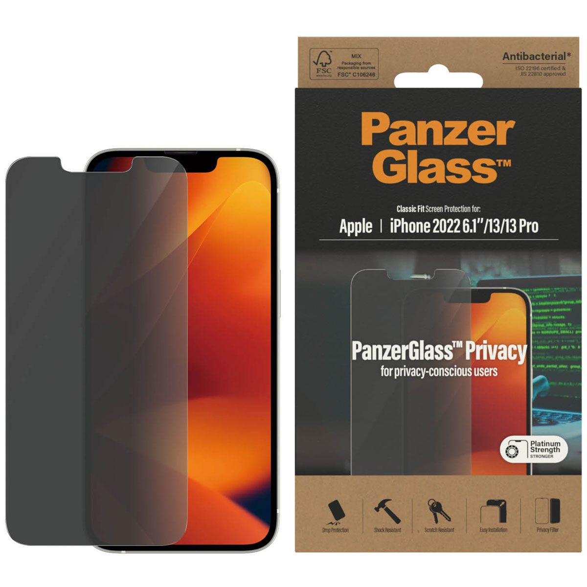 PanzerGlass Classic Fit Privacy Anti-bacterial Screen Protector iPhone 14 / 13 Pro / 13