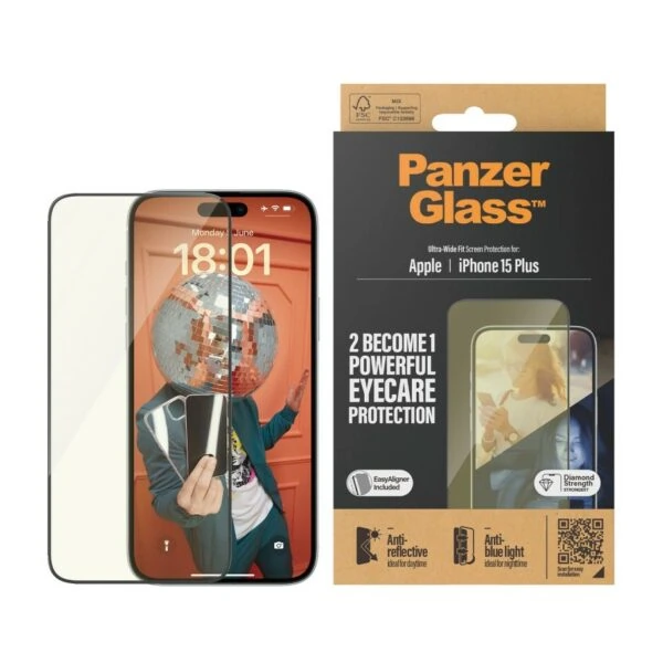 PanzerGlass Ultra-Wide Fit iPhone 15 Plus - 2in1 Screen Protection Anti-reflective en Anti-Blue Light
