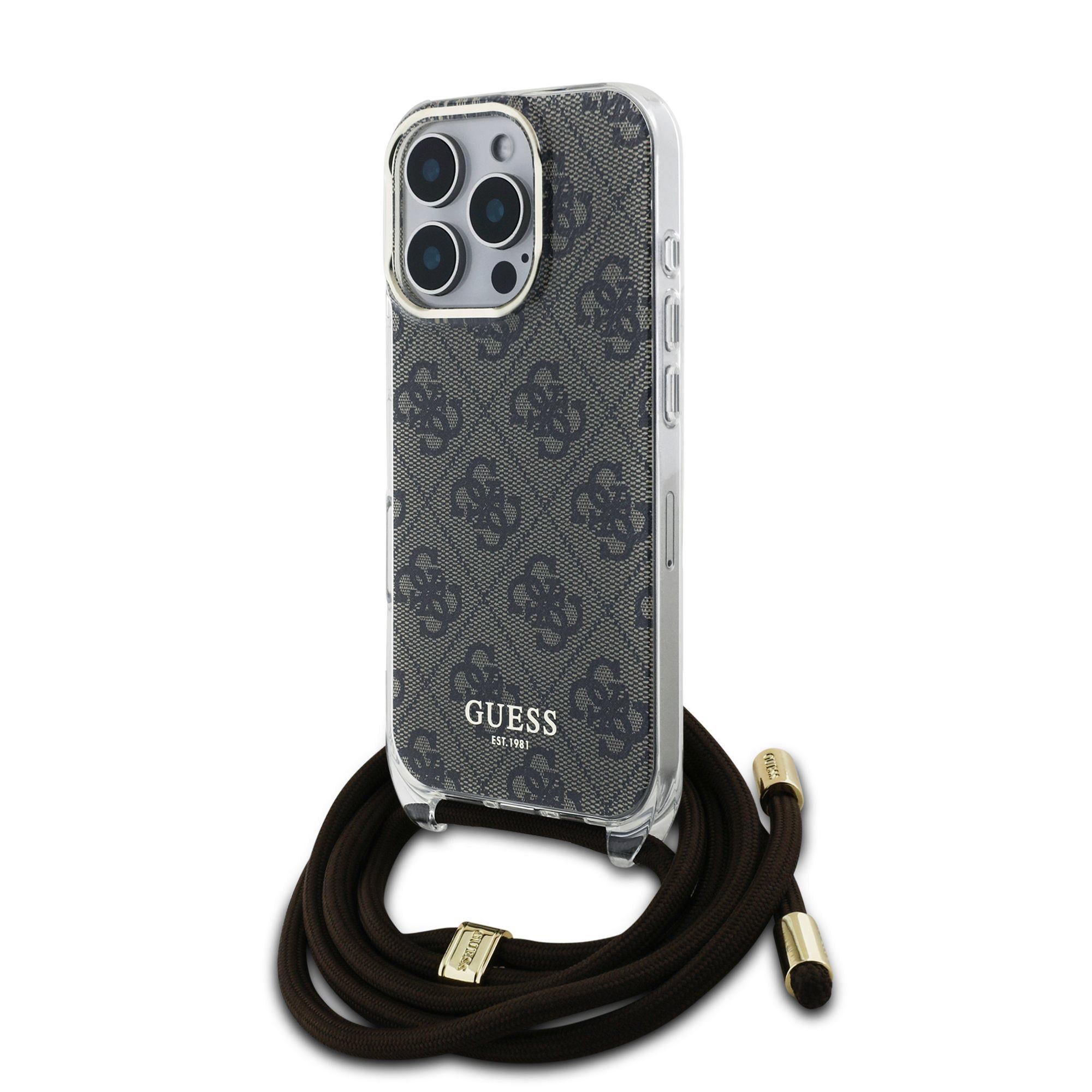 Guess IML 4G Crossbody iPhone 16 Pro hoesje met koord – Bruin 1 Guess IML 4G Crossbody iPhone 16 Pro hoesje met koord – Bruin 1