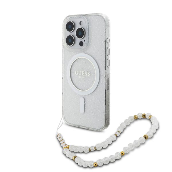 Guess IML Glitter Beads iPhone 16 Pro Max hoesje met polskoord en MagSafe - Transparant