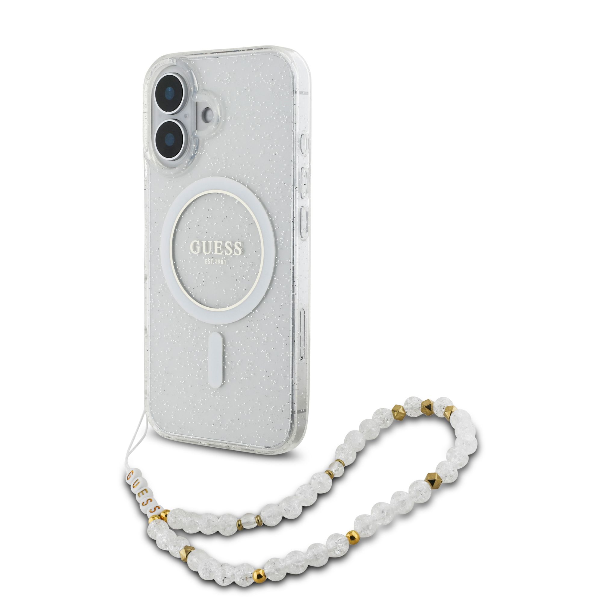 Guess IML Glitter Beads iPhone 16 hoesje met polskoord en MagSafe - Transparant
