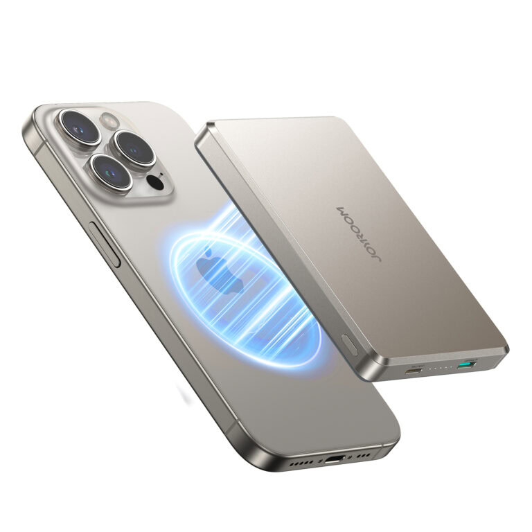 Joyroom 20W Ultra-Slim Metalen Power Bank - Magsafe en draadloos - 10000 mAh Inclusief 60W USB-C Kabel - Natural Titanium