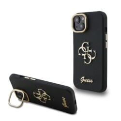 Guess 4G Logo met Camerastand functie iPhone 14 hoesje - Zwart