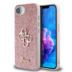 Guess Glitter 4G Metal Logo iPhone 16e hoesje - Roze