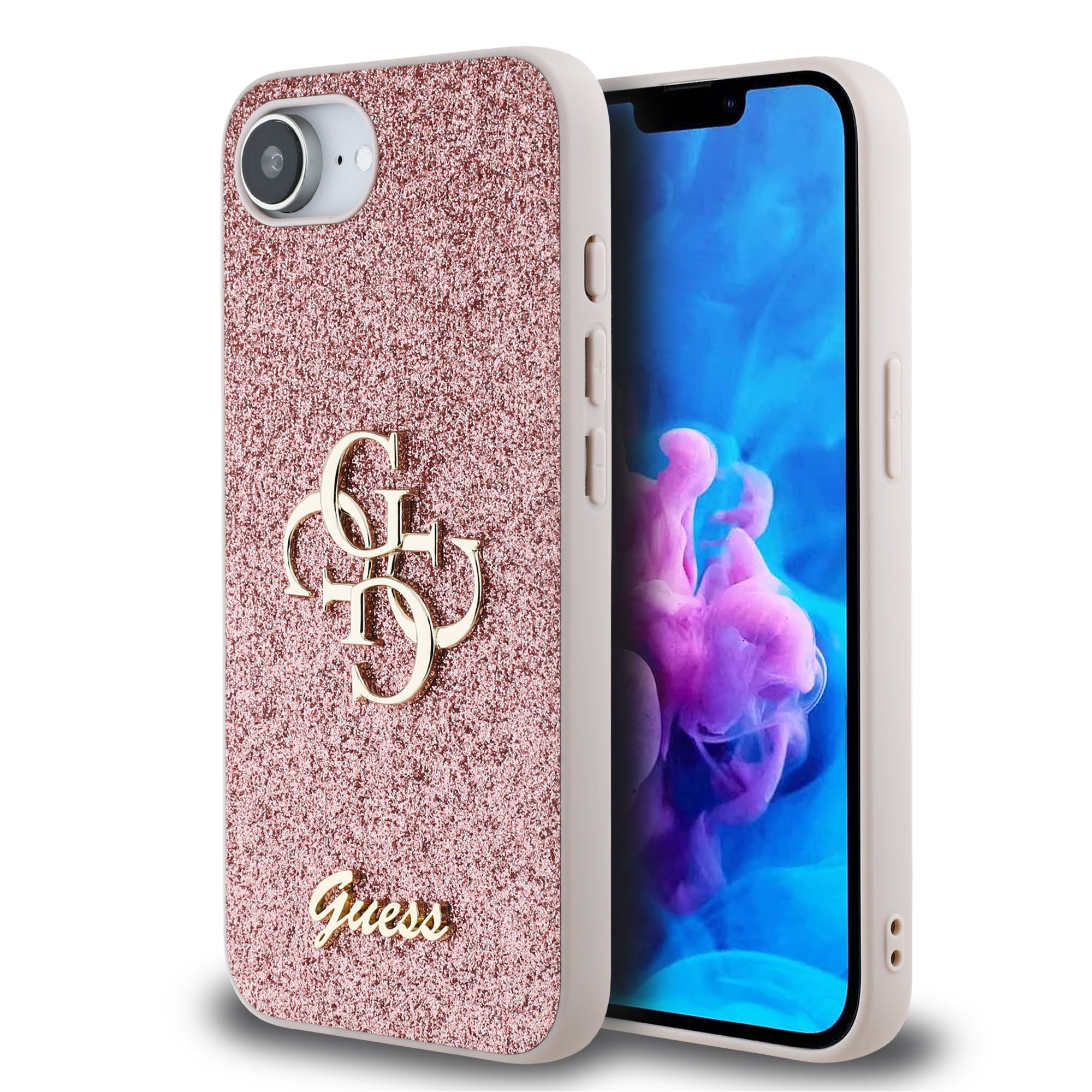 Guess Glitter 4G Metal Logo iPhone 16e hoesje – Roze 1