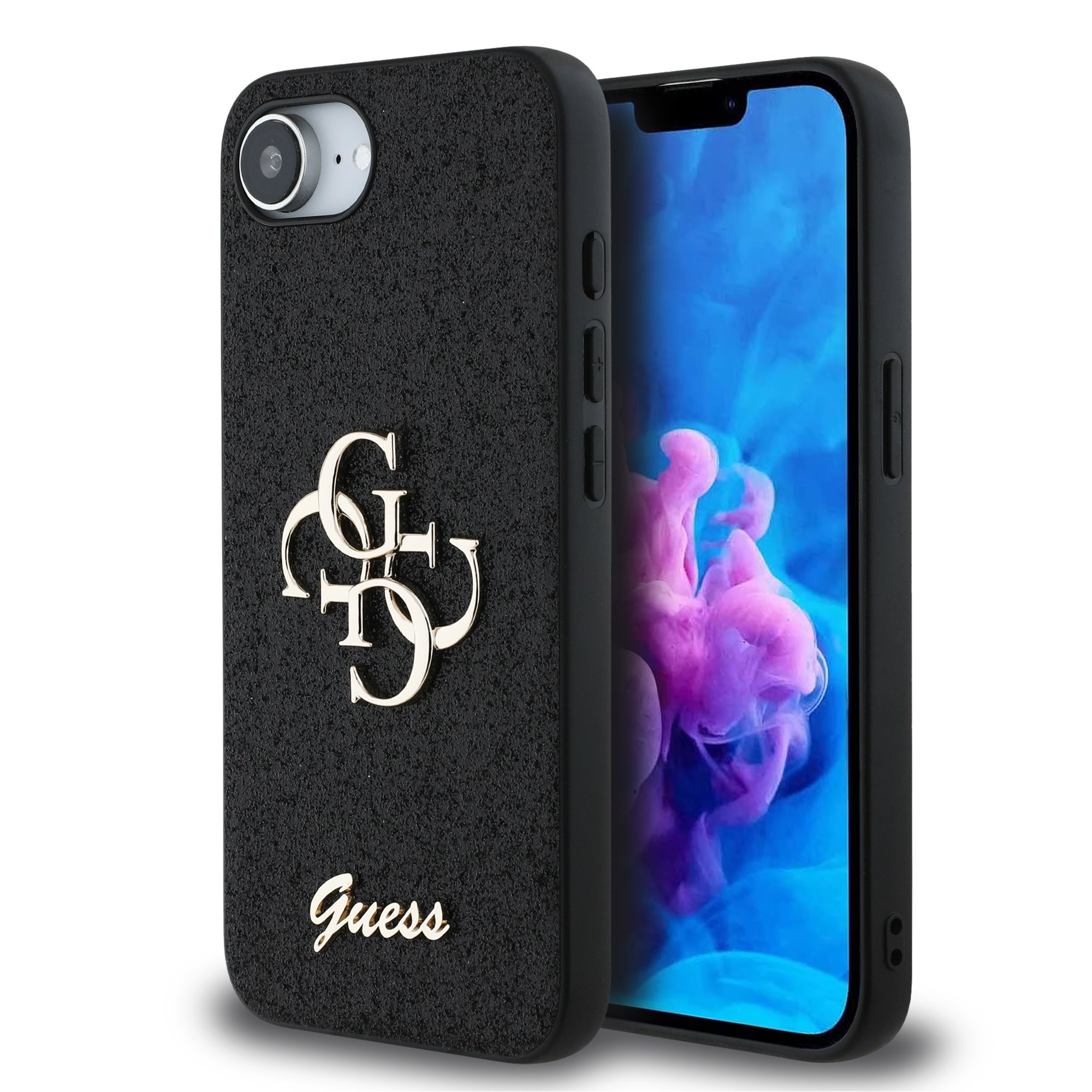 Guess Glitter 4G Metal Logo iPhone 16e hoesje – Zwart 1