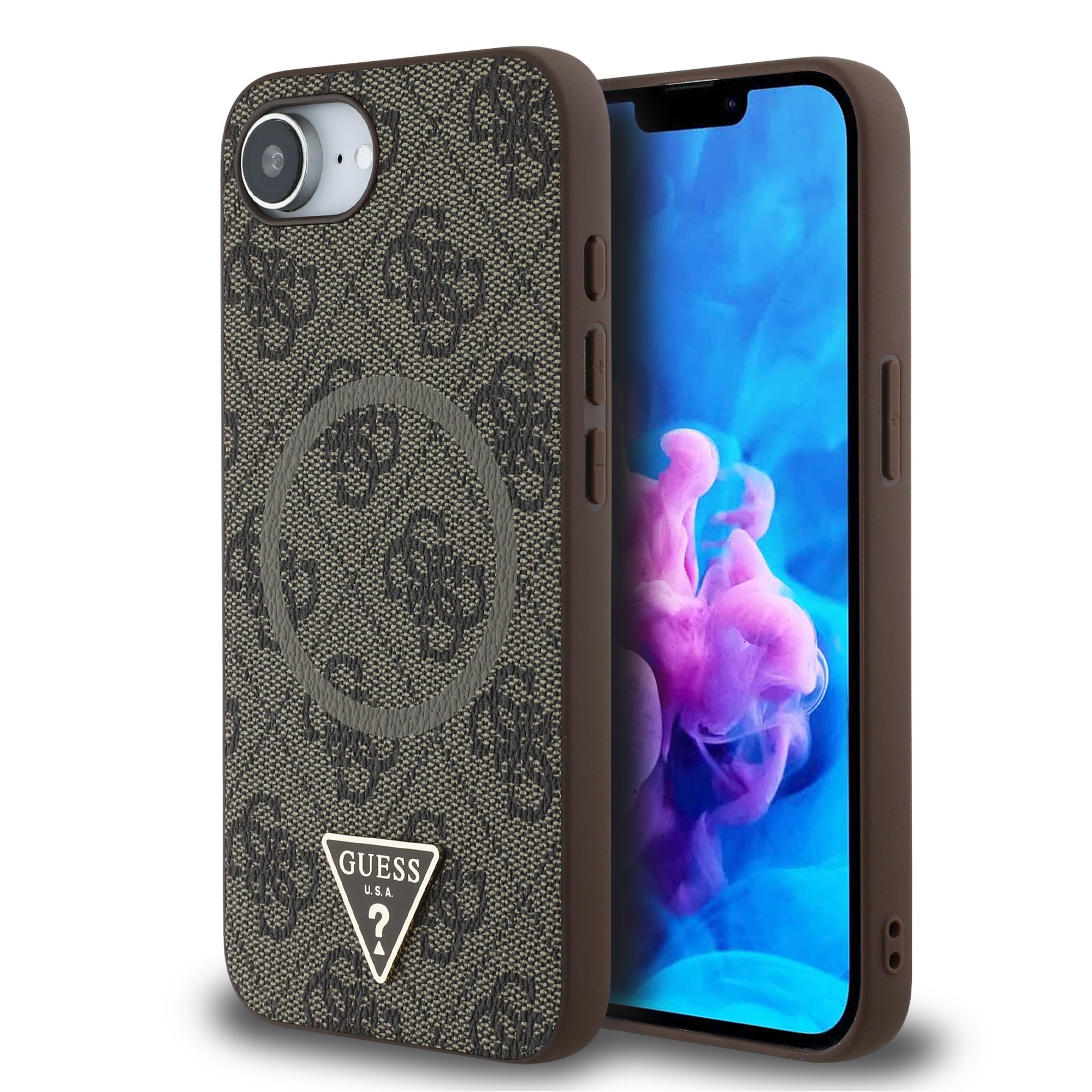 Guess Triangle Metal Logo met MagSafe iPhone 16e hoesje – Bruin 1