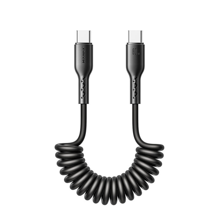 Joyroom - USB-C naar USB-C Kabel - Krulsnoer - Uitrekbare oplaadkabel - Universele oplaadkabel - 1,5 m - 60W - Zwart