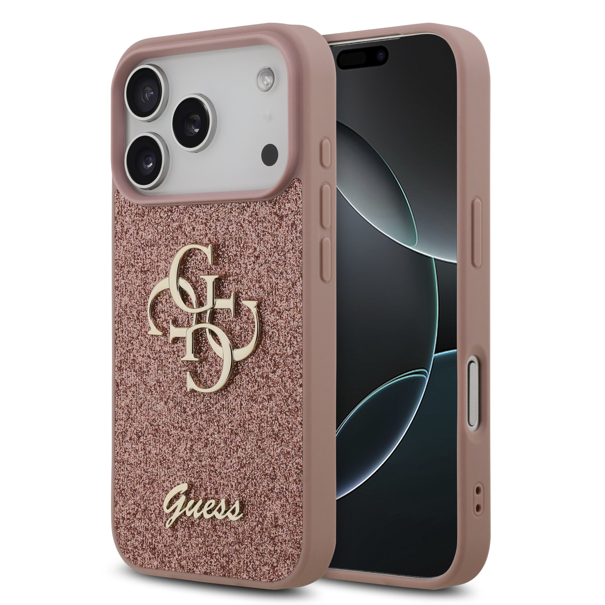 Guess PU Glitter 4G Metal Logo iPhone 17 Pro Hoesje – Roze 1