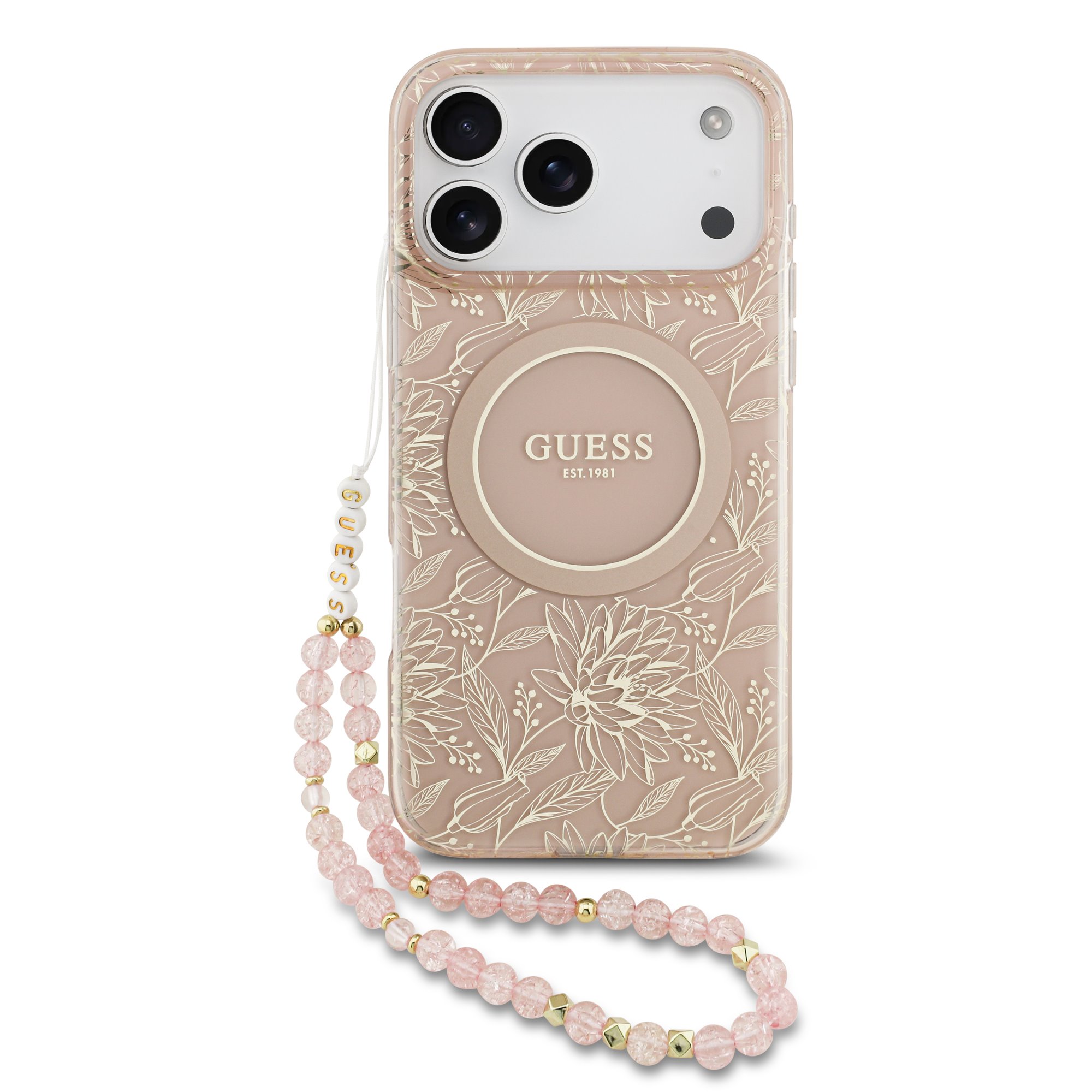 Guess IML Flowers Allover iPhone 17 Pro Max hoesje – Met MagSafe en Koord – Roze 1 Guess IML Flowers Allover iPhone 17 Pro Max hoesje – Met MagSafe en Koord – Roze 1