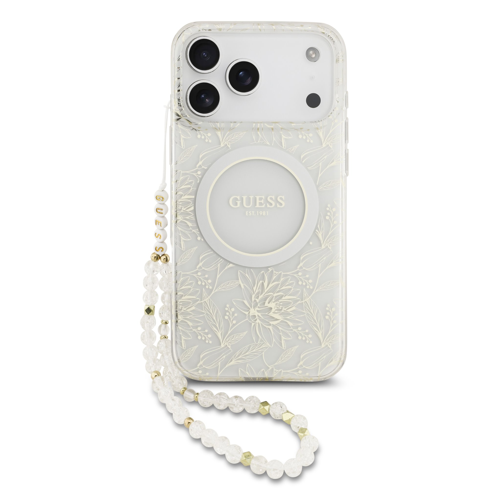 Guess IML Flowers Allover iPhone 17 Pro Max hoesje – Met MagSafe en Koord – Wit 1 Guess IML Flowers Allover iPhone 17 Pro Max hoesje – Met MagSafe en Koord – Wit 1