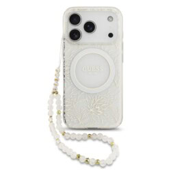Guess IML Flowers Allover iPhone 17 Pro hoesje - Met MagSafe en Koord - Wit
