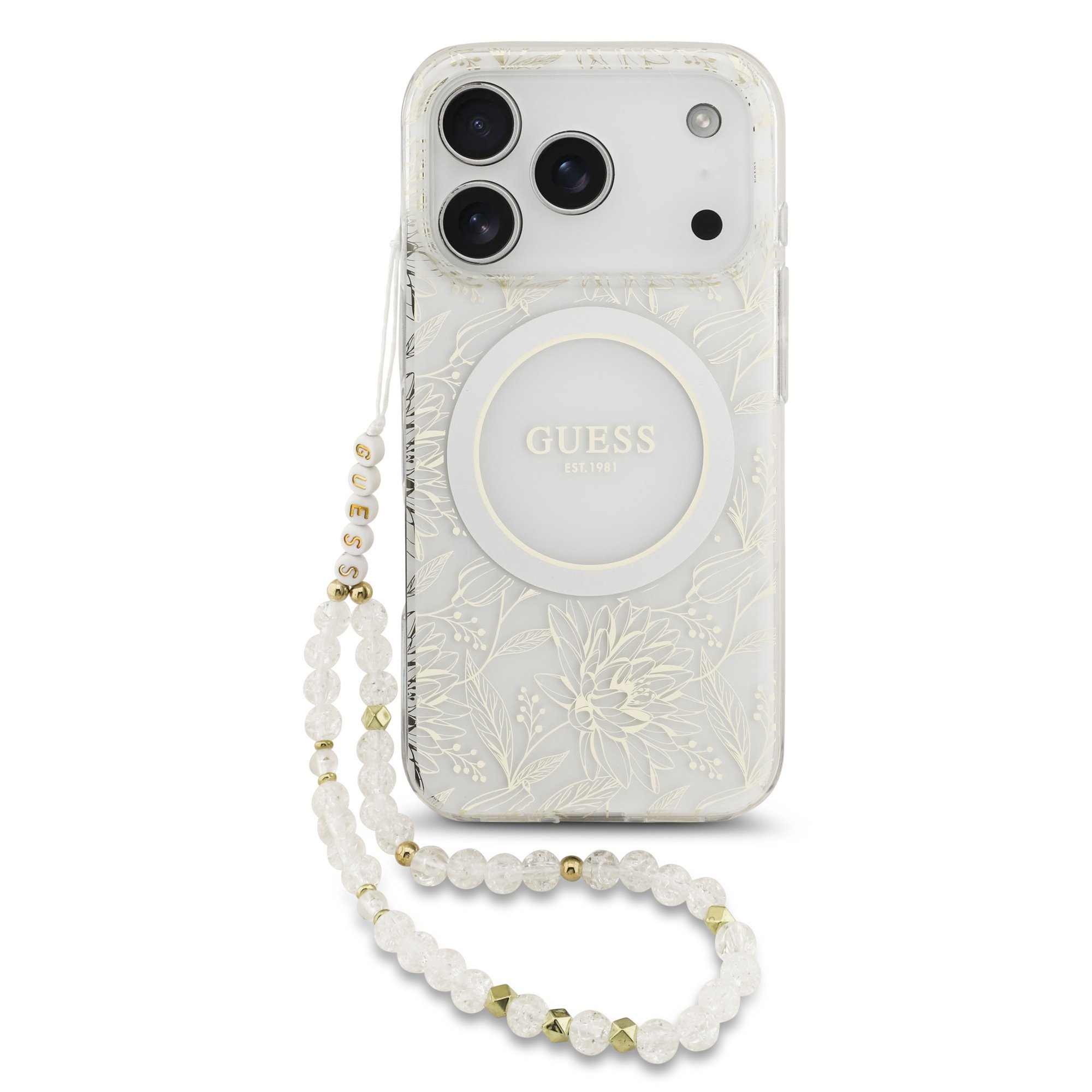 Guess IML Flowers Allover iPhone 17 Pro hoesje – Met MagSafe en Koord – Wit 1 Guess IML Flowers Allover iPhone 17 Pro hoesje – Met MagSafe en Koord – Wit 1