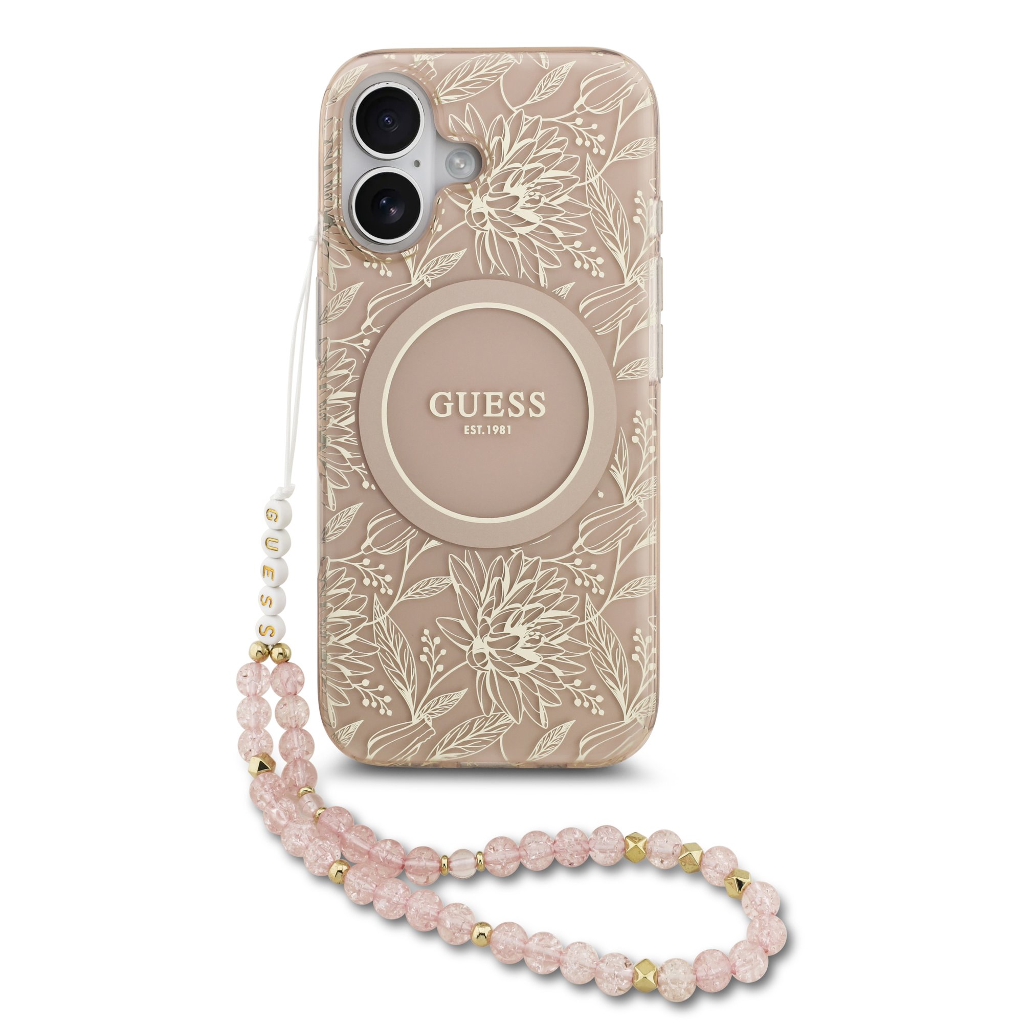 Guess IML Flowers Allover iPhone 17 hoesje – Met MagSafe en Koord – Roze 1 Guess IML Flowers Allover iPhone 17 hoesje – Met MagSafe en Koord – Roze 1