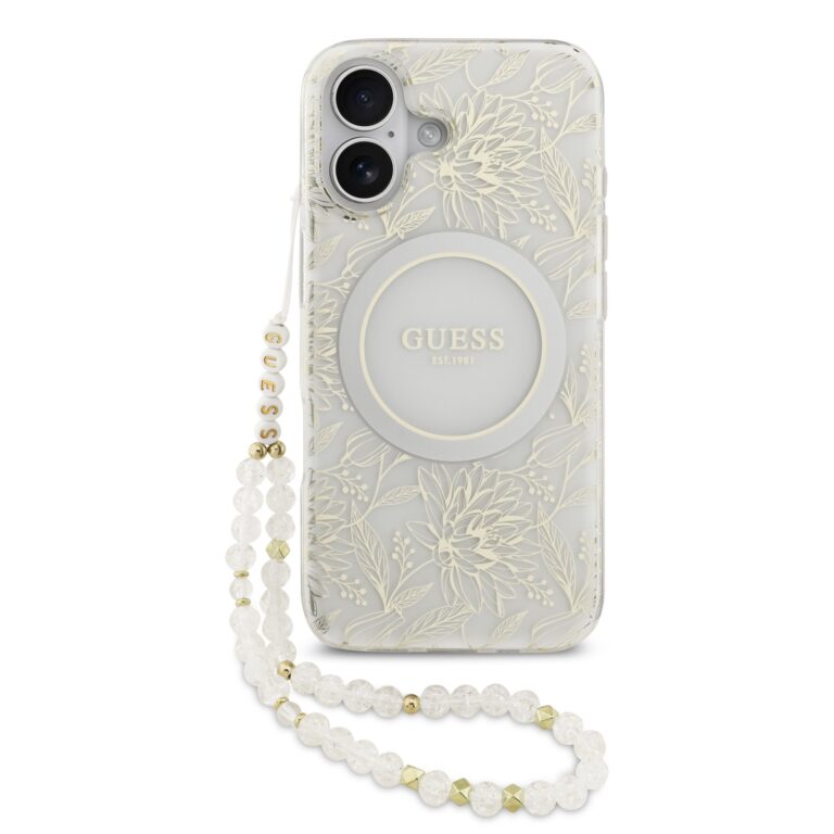 Guess IML Flowers Allover iPhone 17 hoesje - Met MagSafe en Koord - Wit