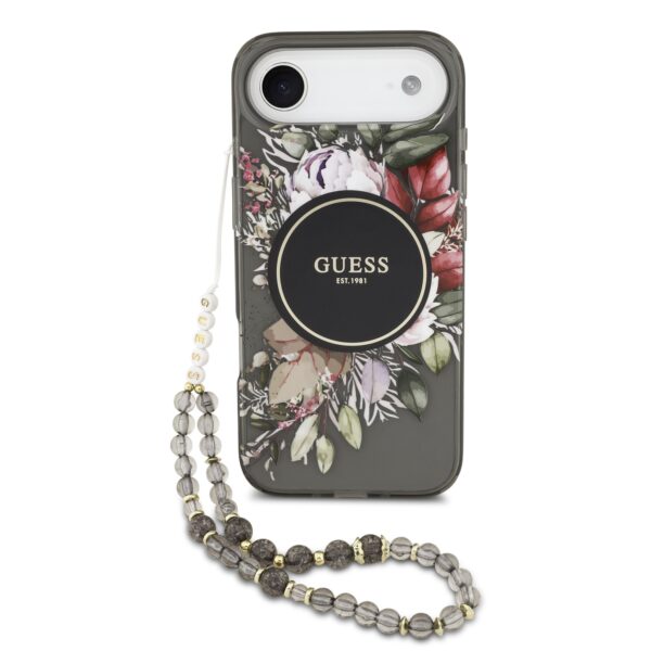 Guess IML Flowers iPhone Air hoesje - Met MagSafe en Koord - Zwart