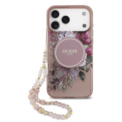 Guess IML Flowers iPhone 17 Pro Max hoesje - Met MagSafe en Koord - Roze