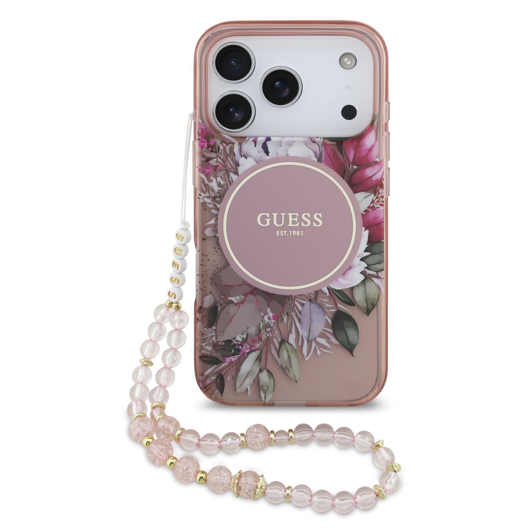 Guess IML Flowers iPhone 17 Pro hoesje – Met MagSafe en Koord – Roze 1 Guess IML Flowers iPhone 17 Pro hoesje – Met MagSafe en Koord – Roze 1