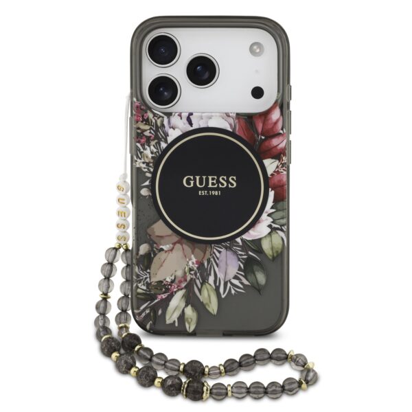 Guess IML Flowers iPhone 17 Pro hoesje - Met MagSafe en Koord - Zwart
