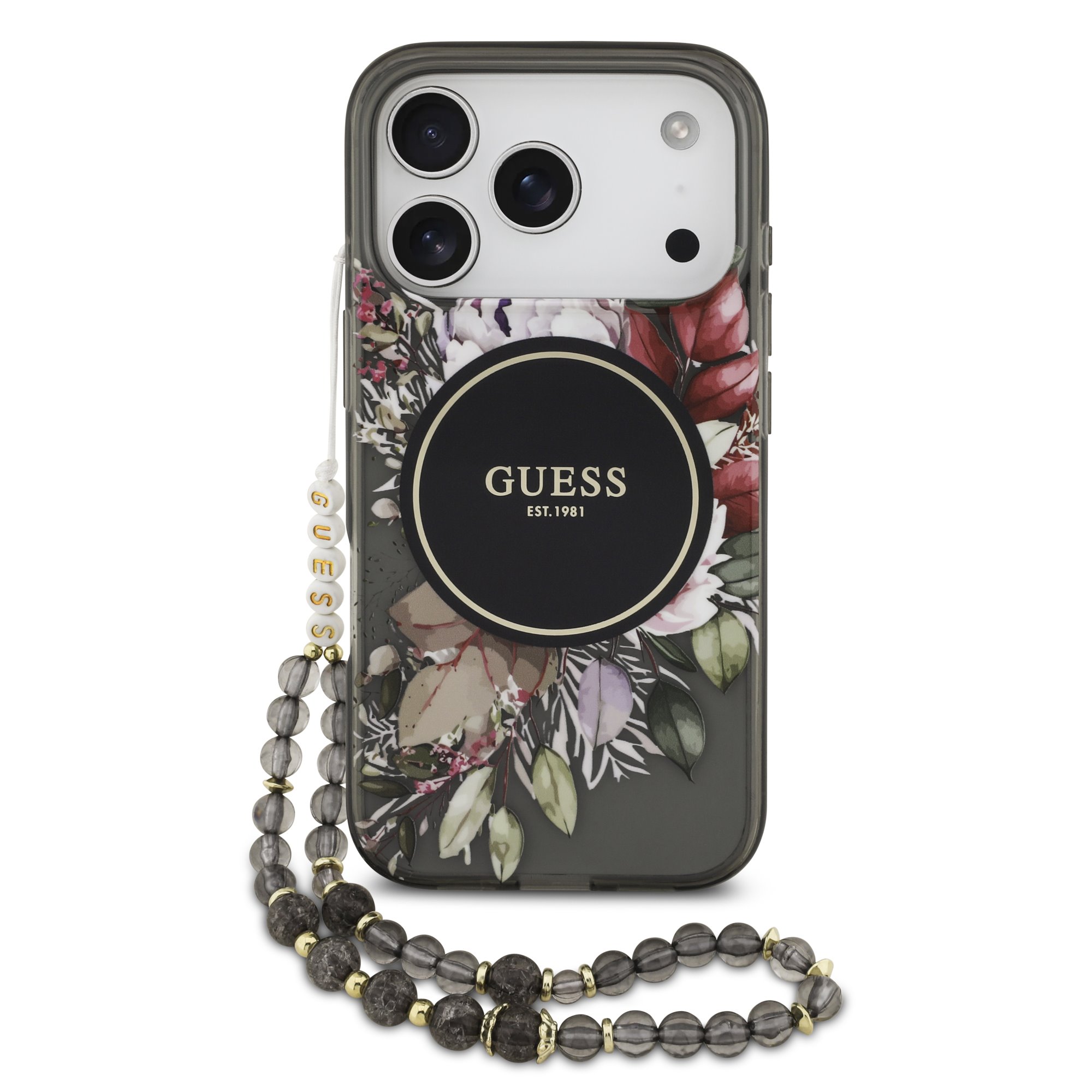 Guess IML Flowers iPhone 17 Pro hoesje – Met MagSafe en Koord – Zwart 1 Guess IML Flowers iPhone 17 Pro hoesje – Met MagSafe en Koord – Zwart 1