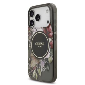 Guess IML Flowers iPhone 17 Pro hoesje – Met MagSafe en Koord – Zwart - 1