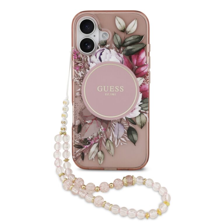 Guess IML Flowers iPhone 17 hoesje - Met MagSafe en Koord - Roze