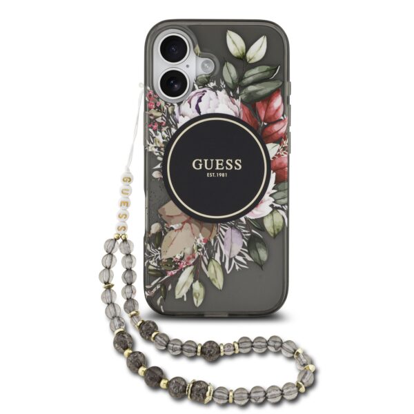 Guess IML Flowers iPhone 17 hoesje - Met MagSafe en Koord - Zwart