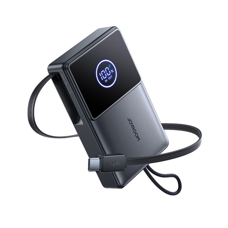 Joyroom powerbank 10.000 mAh met ingebouwde oprolbare USB-C kabel en 22,5W snelladen – Zwart