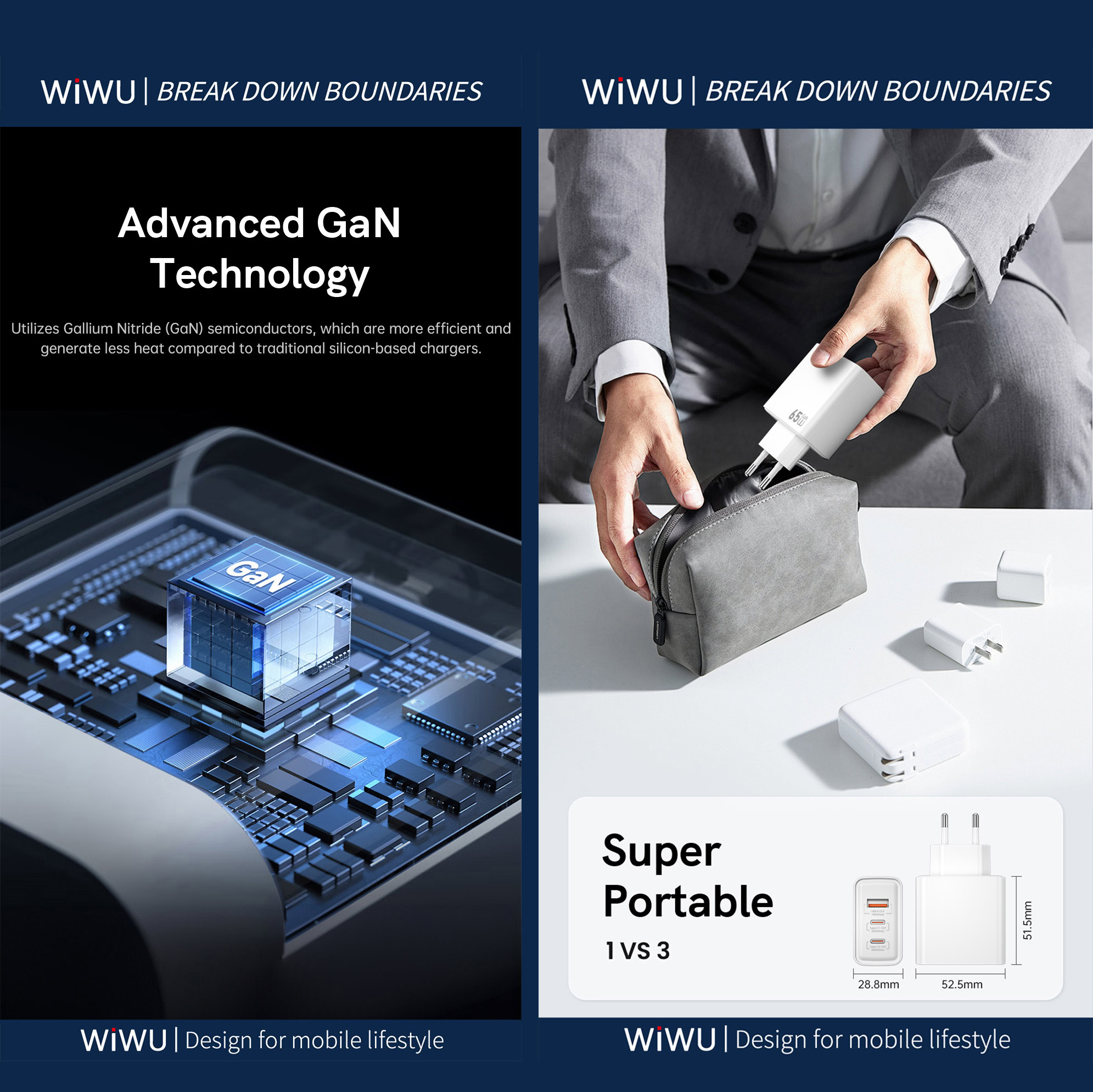 WiWU 65W snellader Driepoorts Charger zonder Kabel Wit | Fonu