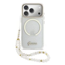 Guess IML Glitter Script Strap MagSafe Hoesje iPhone 17 Pro - Transparant