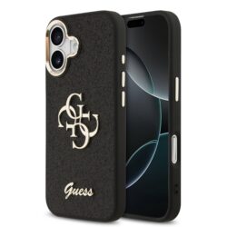 Guess PU Fixed Glitter 4G Metal Frame Hoesje iPhone 17 - Zwart