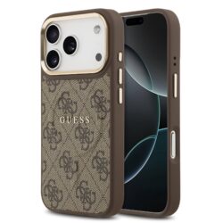 Guess PU Leather 4G Gold Frame MagSafe Hoesje iPhone 17 Pro - Bruin