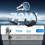 Joyroom 72W 3-in-1 Autolader met 1.6m USB-C Kabel – Zwart - 9