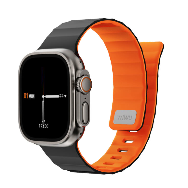 WiWU Mag Secur Magnetisch Siliconen Bandje voor Apple Watch (44/45/46/49 mm) - Zwart en Oranje