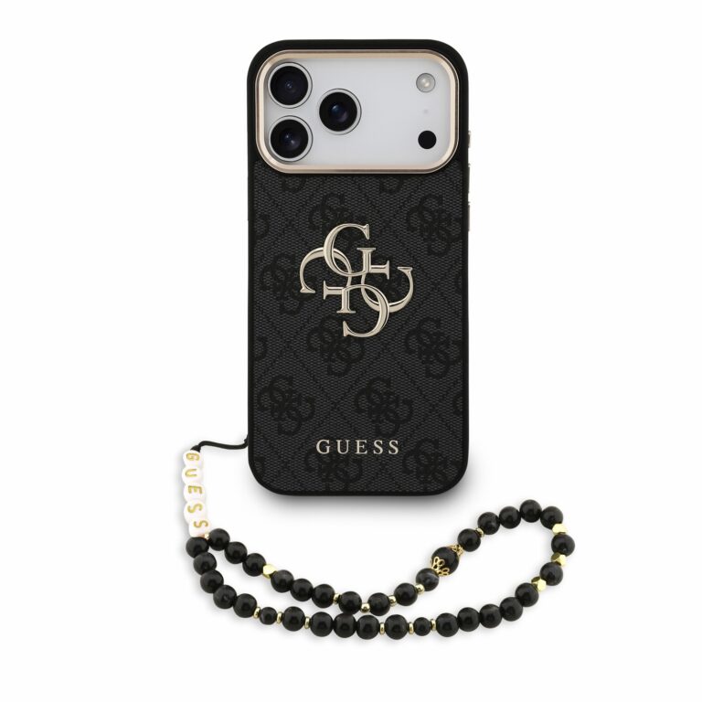 Guess 4G Metal Logo hoesje met polsband voor iPhone 17 Pro Max en iPhone 18 Pro Max - Zwart