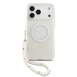Guess IML Flowers Allover Strap MagSafe hoesje voor iPhone 17 Pro Max en iPhone 18 Pro Max - Wit