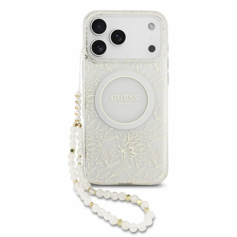 Guess IML Flowers Allover Strap MagSafe hoesje voor iPhone 17 Pro Max en iPhone 18 Pro Max - Wit