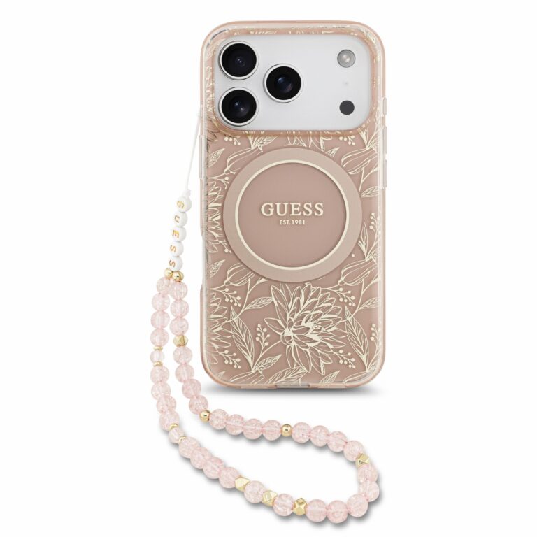 Guess IML Flowers Allover Strap MagSafe hoesje voor iPhone 17 Pro en iPhone 18 Pro - Roze