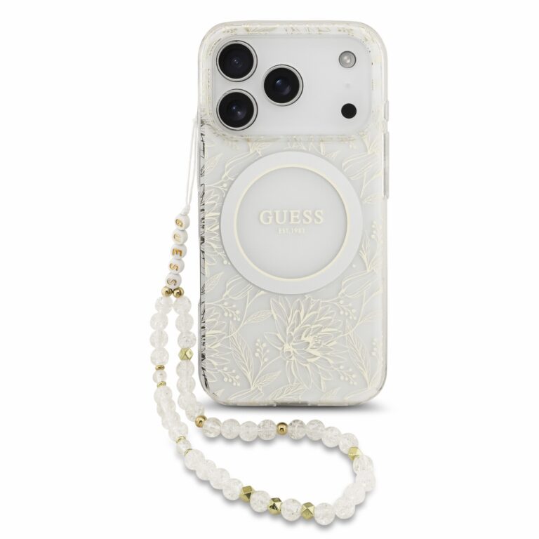 Guess IML Flowers Allover Strap MagSafe-hoesje voor iPhone 17 Pro en iPhone 18 Pro - Wit
