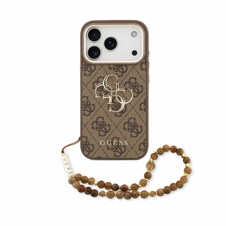 Guess PU 4G Metal Logo hoesje met polsband voor iPhone 17 Pro Max en iPhone 18 Pro Max - Bruin