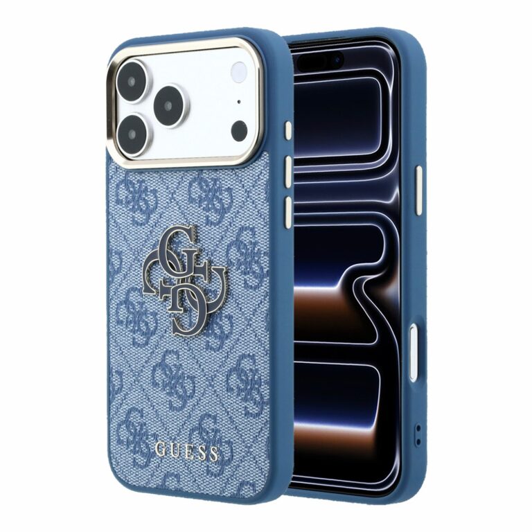 Guess PU 4G Resin Metal Logo backcover voor iPhone 17 Pro en iPhone 18 Pro - Blauw