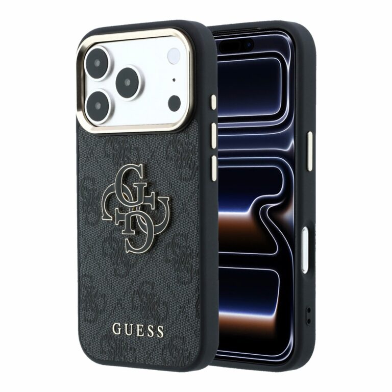 Guess PU 4G Resin Metal Logo backcover voor iPhone 17 Pro en iPhone 18 Pro - Zwart