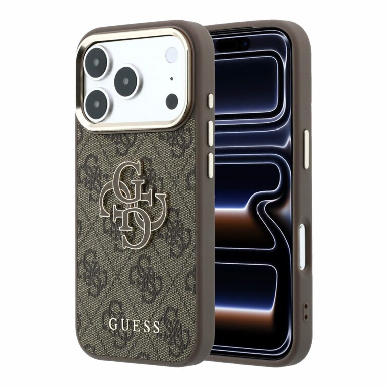 Guess PU 4G Resin Metal Logo backcover voor iPhone 17 Pro en iPhone 18 Pro bruin