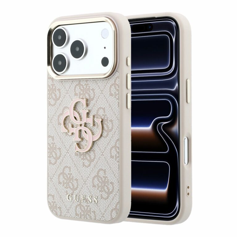 Guess PU 4G Resin Metal Logo hoesje voor iPhone 17 Pro en iPhone 18 Pro - roze